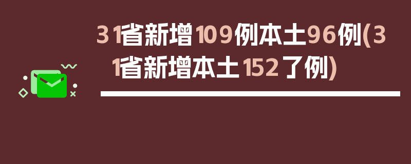 31省新增109例本土96例(31省新增本土152了例)