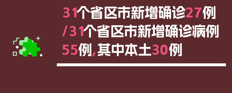 31个省区市新增确诊27例/31个省区市新增确诊病例55例,其中本土30例